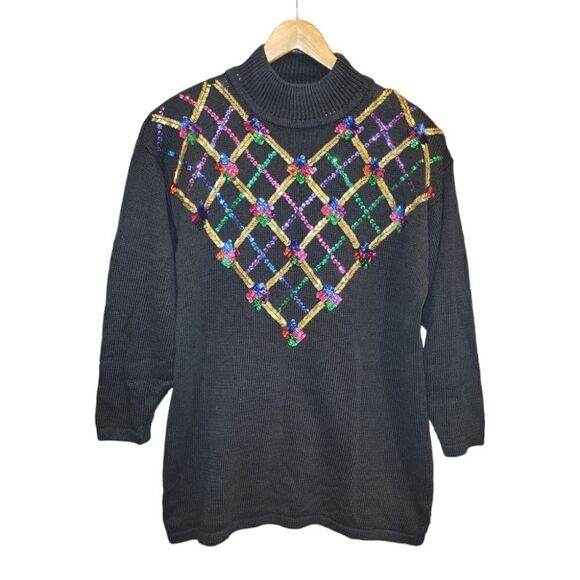 Vintage Christmas Oversized Holiday Ugly Sweater Black Shoulder Pads Sequins M - Picture 1 of 9